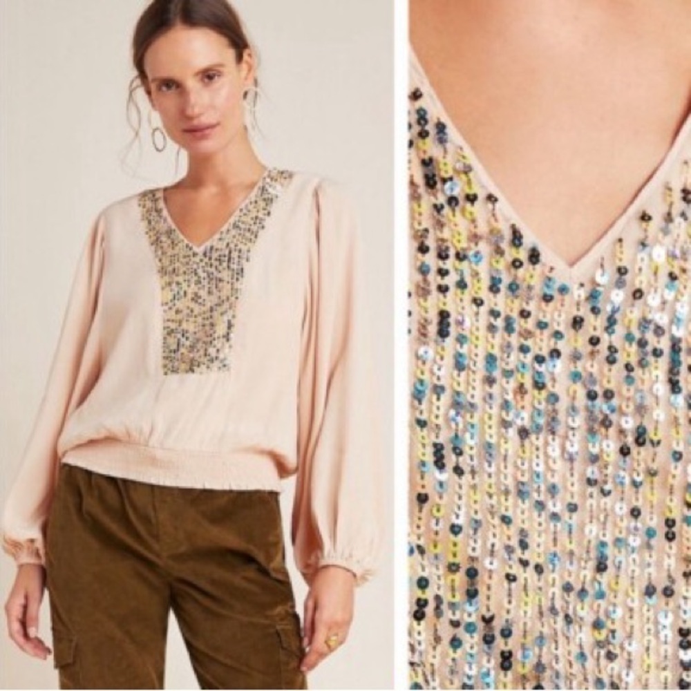 3/$30 ☀️ Anthropologie Maeve Balloon Sleeve Blush Sequin Top